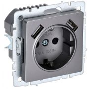 Розетка BRITE РЮш10-1-БрС 16А с USB A+A 2.1А с заземл. защ. шторки сталь IEK BR-R14-16-U21-D21-K46